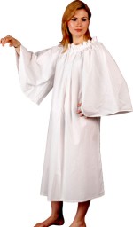 White cotton chemise with drawstring neckline and very wide, bell-shaped sleeves.