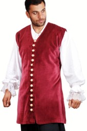 Capt. Benjamin vest in burgundy velvet with a row of gleaming, gold-tone buttons down the front
