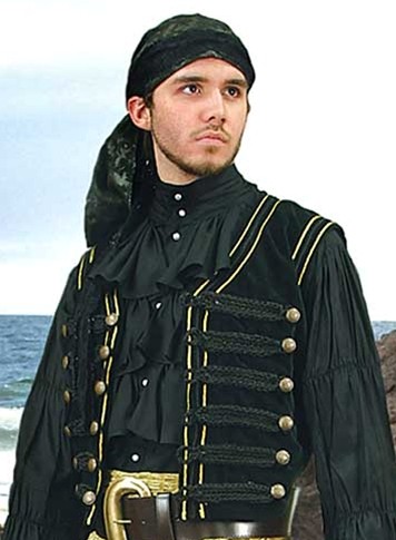Black velvet pirate vest with  Napoleonic style gold braid and button trim.