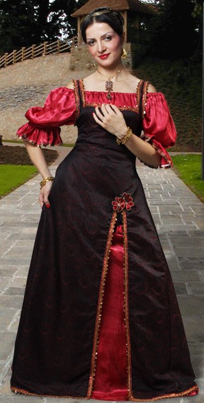 Renaissance Princess Dress, black brocade,red Gloriana chemise