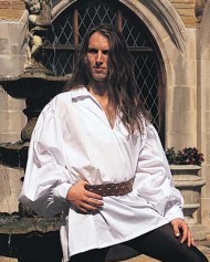Early Renaissance Shirt in white has small ruffled collar around V-neck, small ruffle at elastic cuffs. Also available in black