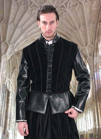 Black royal doublet in cotton velvet with black faux leather trim and sleeves.