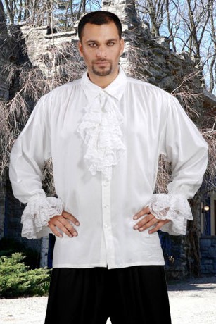 John Calles shirt in white, lace jabot and cuffs, button front, also available in black, sizes to XXXL and X-Tall