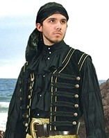 Pirate vest, black velvet, gold braid trim.