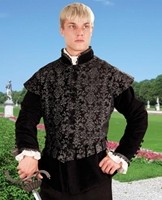 Aramis doublet in rich black and silver brocade with removable sleeves.
