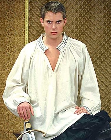 King Henry VIII Cross Shirt as seen in The Tudors  - natural color, all cotton shirt with embroidered cross pattern on collar and cuffs, hook and eye close.