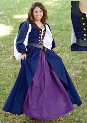 Celtic dress in navy, worn with chemise and gathered skirt.