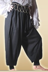 Black pirate or harem pants, very full at hips. 