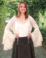 Peasant Blouse in slightly crinkled white polyester with lace-trimmed waterfall bell sleeves