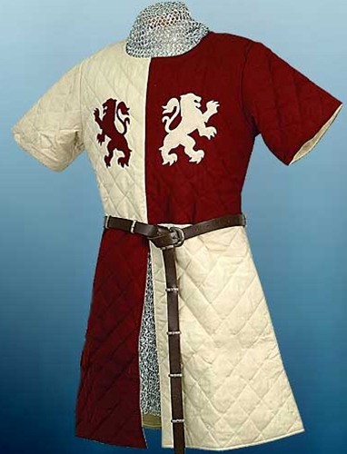 Lionheart Gambeson in off-white and deep red with red and white Lionheart emblems on chest