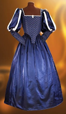 Milady's Renaissance gown in dark blue brocade.