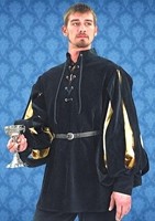 Cavalier shirt in black velvet with gold satin inner sleeves 