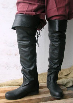 Jolly Roger black leather thigh-high boot.