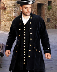 Captain Delisle pirate coat, black velvet with silver buttons