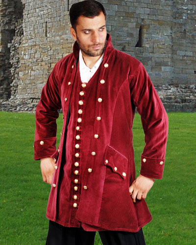 Capt. England Coat in burgundy velvet with gold braid and button trim.