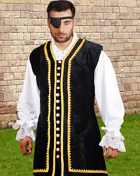 Captain Peter Vest in black velvet with gold braid trim and a row of gleaming gold-tone buttons down the front.