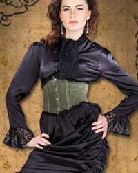 Wickfield blouse in black satin with lace cuffs and attached tie