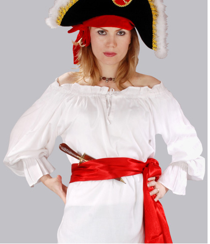 McGreedy Pirate Blouse in white, ruffled cuffs, elasticized neckline to wear on or off shoulders.
