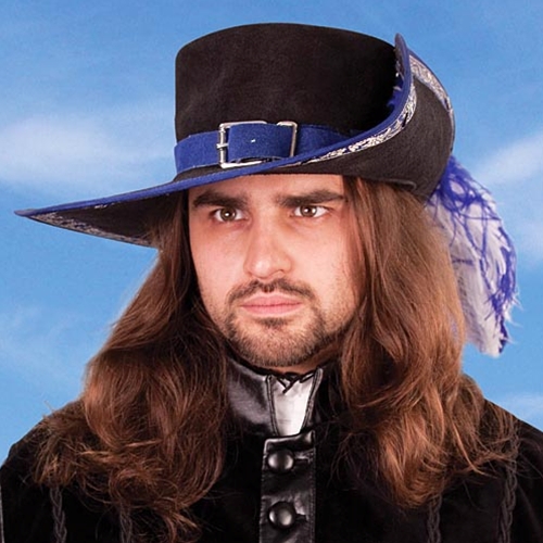 Black suede musketeer hat with blue trim, matching blue suede hat band.
