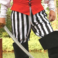 All-cotton pirate pants shown in black and white stripe, also available in black and grey-black stripe