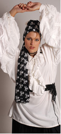 Black  pirate scarf screenprinted with skull and crossbones pattern in white.