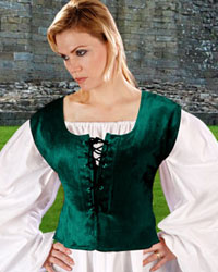 Boned velvet bodice with front lacing in hunter green.  Also available in burgundy.  Both reverse to black.